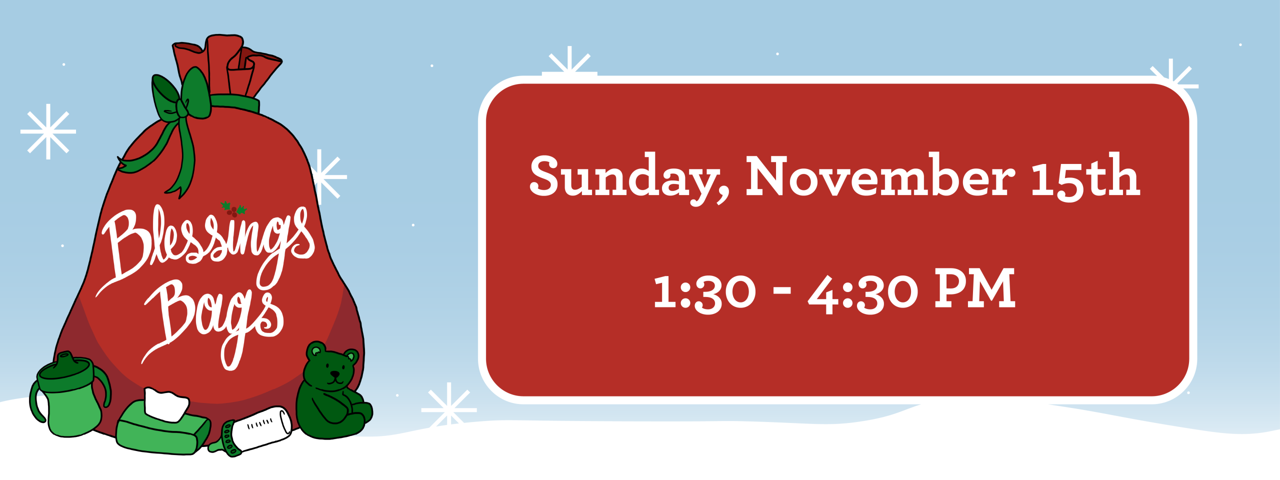 Graphic with gift bag and toys next to text, Sunday November 15th 1:30 - 4:30 p.m.